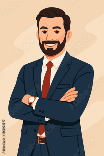 Confident businessman illustration. Professional man portrait with arms crossed. Successful leader, manager, or entrepreneur in a suit. Smiling male character for business concept.