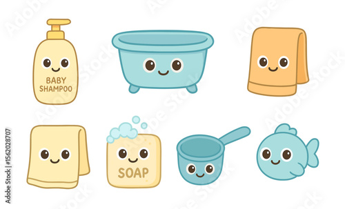 Cute and colorful bathroom items for babies: shampoo, towels, duck, fish