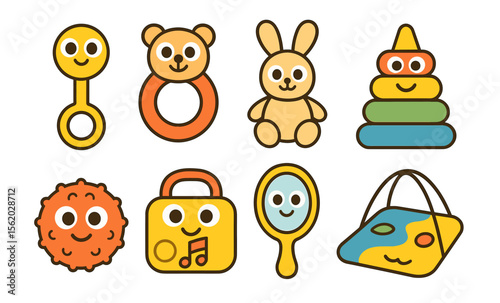 Cute baby toys collection featuring animals and colorful shapes for early childhood play