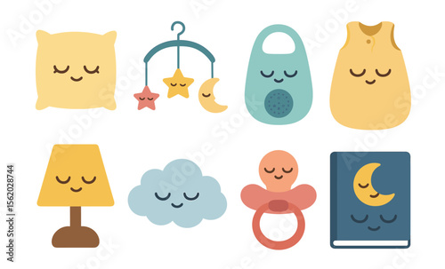 Cute sleepy baby items set with pillow, mobile, bib, lamp, cloud, pacifier, and book