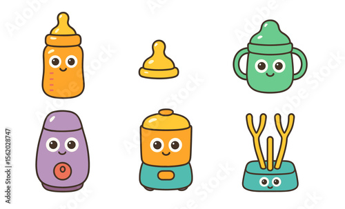 Cute cartoon baby essentials collection: bottles, utensils, and accessories with smiling faces