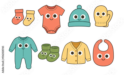 Cute cartoon baby clothing and accessories with smiling faces
