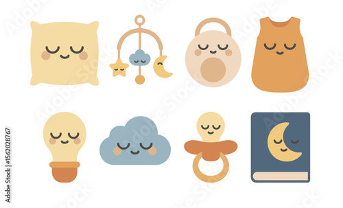 Cute sleepy baby icons: pillow, mobile, rattle, dress, light bulb, cloud, pacifier, book