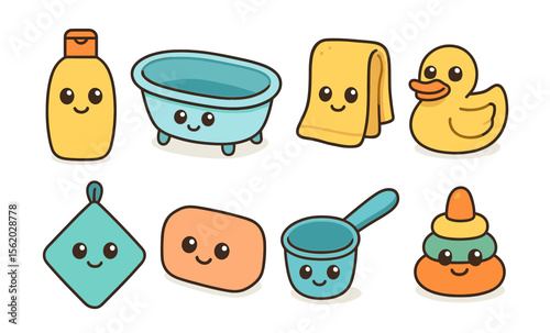 Cute kawaii bath time icons with smiling faces for kids and baby themes