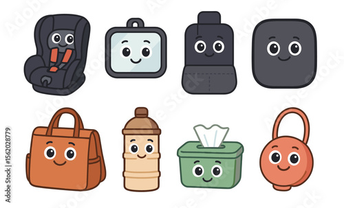 Cute cartoon travel accessories with faces: car seat, suitcase, pillow, and more