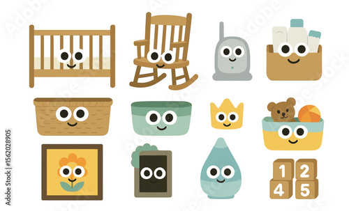 Cute cartoon baby room objects with adorable faces and playful expressions