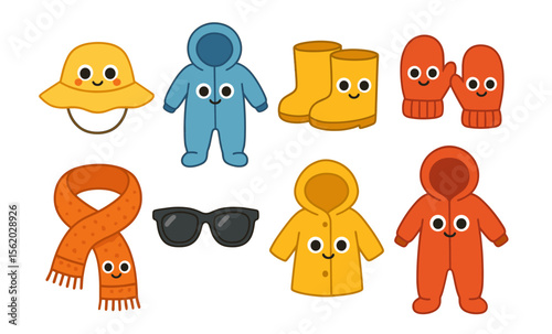 Cute cartoon clothing and accessories collection with smiling faces for kids' fashion