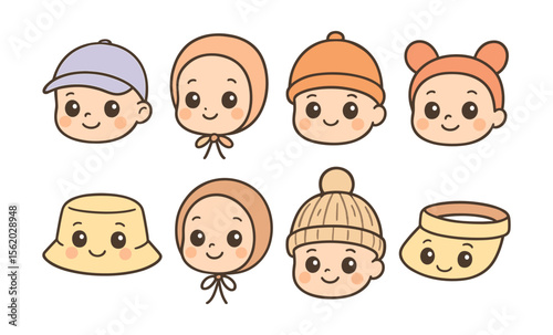 Adorable cartoon baby faces with variety of cute hats and expressions