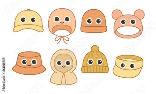 Cute cartoon winter hats with smiling faces and big eyes for kids