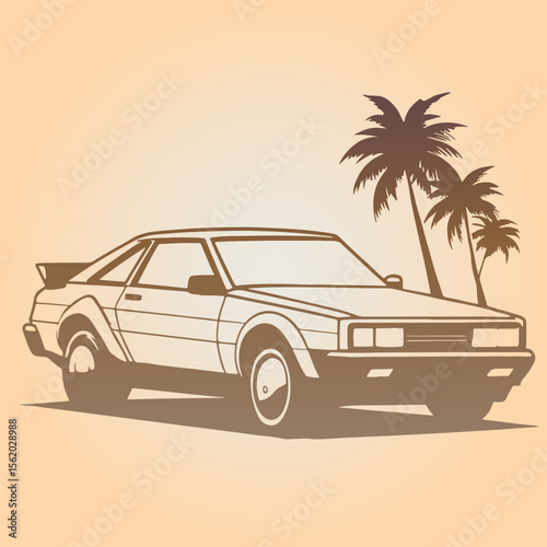 Retro car from 1980s in style on palm trees background. Vector minimalistic outline on gradient background