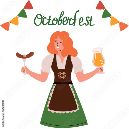 Beautiful young red-haired woman with beer and sausage traditional German festival