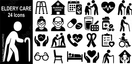 Elderly Care Icons – Senior Support, Medical Assistance, Home Care, Mobility and Wellbeing (24 Items)