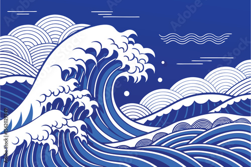Japanese sea wave background vector. Wallpaper design with white line art and blue ocean wave pattern backdrop