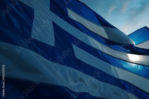 Greek flag waving proudly under a Mediterranean sky, symbolizing Hellenic pride with its iconic blue and white stripes and bold cross design