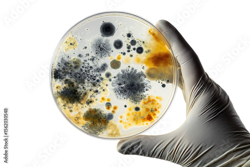 Close up of a petri dish with mold colonies.