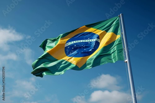 Brazilian flag waving proudly under a bright sky, showcasing its vibrant green, yellow, and blue colors with the iconic starry globe