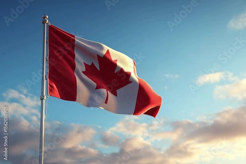 Canadian flag waving proudly against a clear blue sky, symbolizing unity, freedom, and national pride with bold red and white colors.