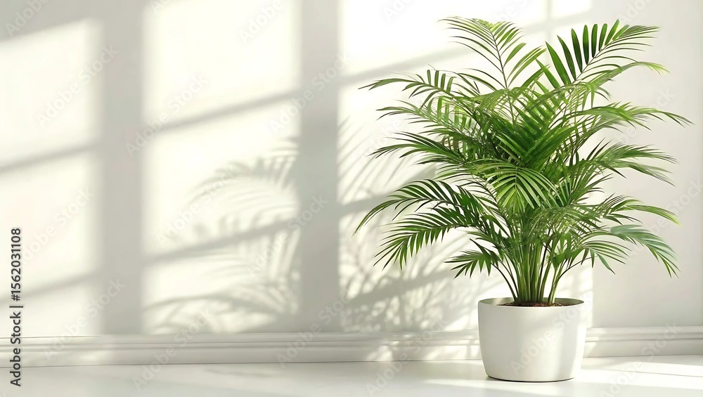Fototapeta premium A photorealistic image of a vibrant green palm plant in a white ceramic pot, casting soft natural shadows on a sunlit wall in a minimalist indoor setting