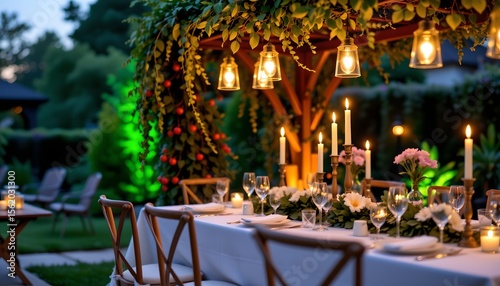 botanical garden dinner table at twilight with hanging candles and green bokeh glow.