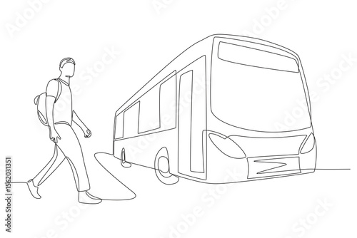 A man who continues his journey by transiting by bus. Travel in transit concept one-line drawing
