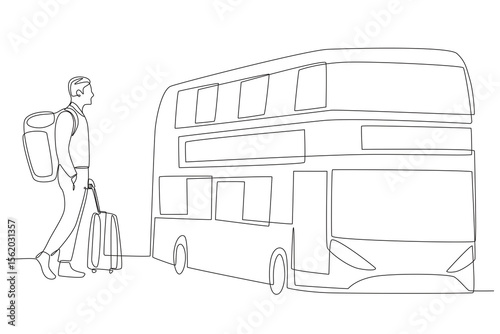 A man who continues his journey by transiting by bus. Travel in transit concept one-line drawing