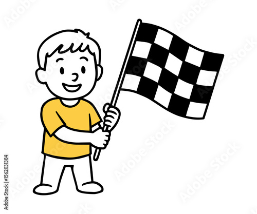 Boy Holding Checkered Racing Flag. Smiling Expression, Waving Checkered Flag, Car Racing Theme. Playful Doodle Hand-Drawn Vector Illustration
