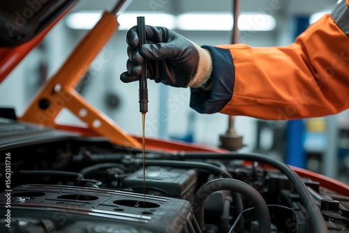 Mechanic wearing black gloves and orange jacket checking car engine oil level with dipstick in auto repair shop