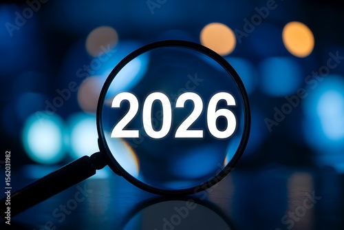Magnifying glass focusing on the year 2026 with a blurred blue and orange bokeh background creating a futuristic and innovative atmosphere