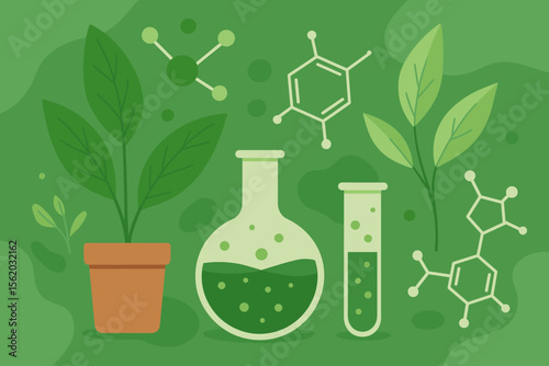 Biochemistry and biology research vector background. Flat illustration of plants, lab flask, test tube, and chemical molecule structures. Science, botany, and education concept.