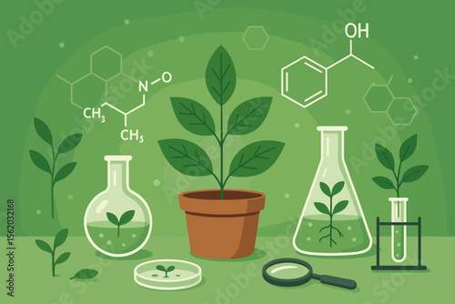 Biology laboratory research. Botany and biochemistry concept. Plant science experiment with glassware and chemical formula structures. Modern flat vector illustration for education.
