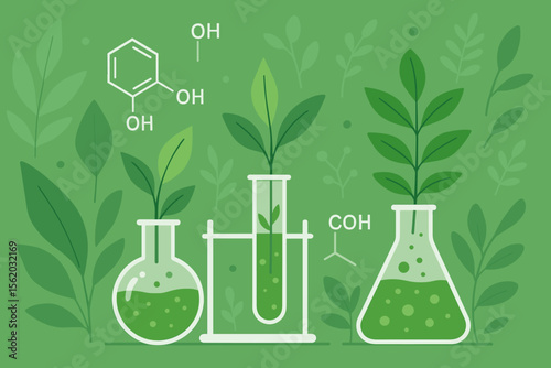 Biology laboratory research with plants growing in flasks and test tubes. Biochemistry concept with chemical formula structures on a green background. Science and nature vector illustration.