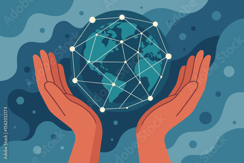Hands holding globe with global network connections. Innovative technology in science and communication concept. World data exchange, internet, and social media. Flat vector cartoon.