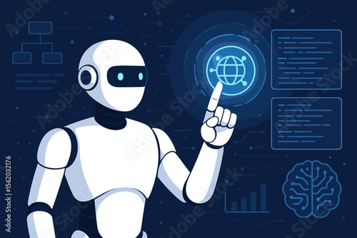 Robot and artificial intelligence concept. AI cyborg interacts with digital interface, analyzing data. Machine learning, neural network, global business automation technology vector.