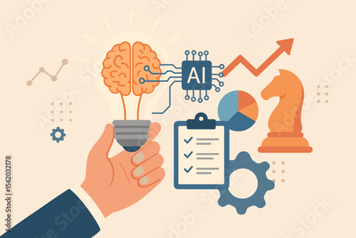 AI in business strategy concept. Hand holding light bulb with brain connected to AI chip for data analysis, planning and growth. Machine learning for innovative ideas and solutions.