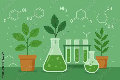Biochemistry and plant science research concept. Biology laboratory with green plants, chemical glassware, flasks, test tubes. Molecular structure formula. Flat vector illustration.