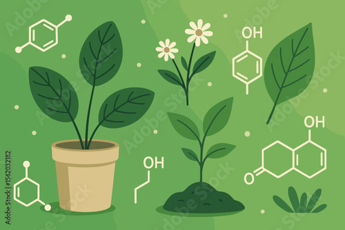 Biology laboratory and biochemistry concept showing plant science and nature. Modern flat vector cartoon illustration with molecular structures, botany research and organic chemistry.