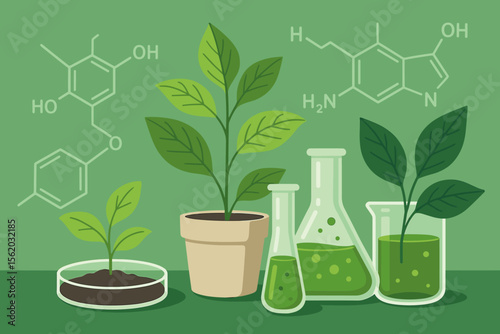 Biology laboratory research concept for plant science and biotechnology. Green plants growing in lab glassware, pot, and petri dish. Biochemistry, phytochemistry with chemical formulas.