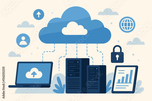 Cloud connection technology illustration. Data transfer and cloud computing concept. Business communication and server storage. Internet security and database protection. Global network.