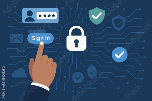 Cyber security and data protection concept. Hand using virtual screen for user authentication. Secure login with password verification. Digital padlock, shield, and network security.
