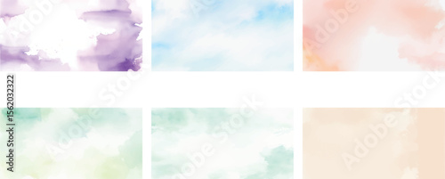 Soft Pastel Watercolor Paper Textures – Set of 6 Aquarelle Backgrounds in Sky Blue, Mint, Peach, Lavender, Beige, and Green for Elegant Branding, Invitations, Packaging and Web Templates

