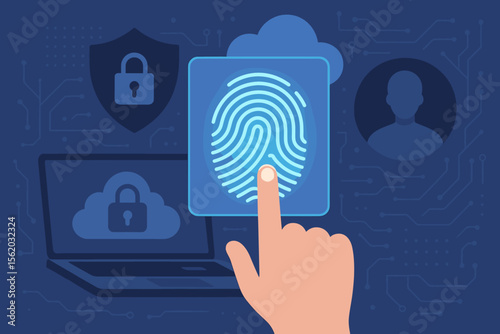Cybersecurity concept with fingerprint scan for biometric identification. User hand authenticating for network access. Technology for data protection, safety, and internet security.