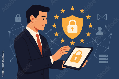 Data protection and privacy concept. Businessman protecting personal information on a tablet. GDPR, EU regulation and cyber security network vector illustration with shield and lock.