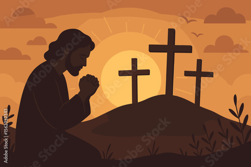 Remembrance and Good Friday concept. Silhouette of Jesus Christ praying on his knees before three crosses on Golgotha hill. Christian vector illustration of faith and sacrifice.