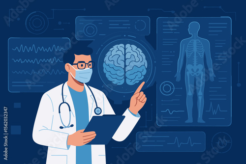 Doctor analyzing brain scan and human anatomy on a futuristic digital interface. Medical technology, neurology, healthcare innovation, and virtual patient diagnosis concept vector.
