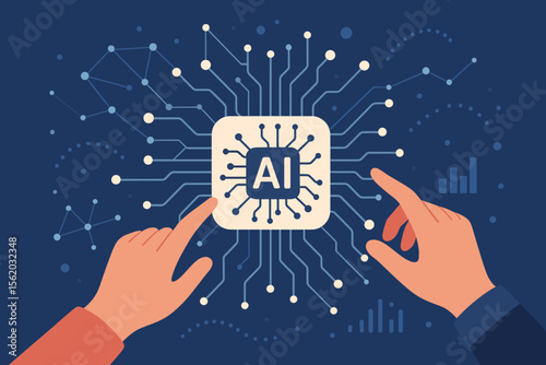 Hands touching an AI processor chip. Concept for Artificial Intelligence, machine learning, digital transformation, big data analysis, business intelligence, and future technology.
