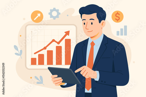 Businessman analyzing financial report on tablet. Corporate growth concept with rising graph. Data analysis, investment strategy, stock market success, profit increase illustration.