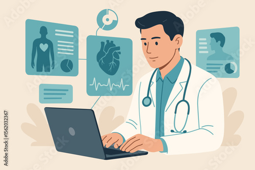 Doctor using laptop for online patient diagnosis and analyzing health data. Telemedicine and digital health concept. Cardiologist checking EKG and heart condition. Modern flat vector illustration.