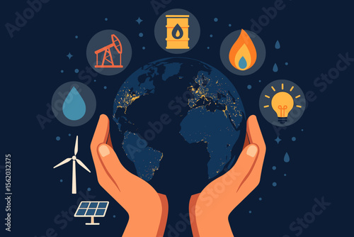 Hands holding planet Earth with energy resource icons. Global energy mix concept. Renewable sources like solar, wind, water vs fossil fuels oil, gas. Flat vector illustration.