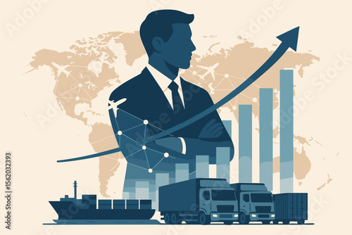 Businessman silhouette with growth graph showing success. Global logistics and supply chain concept. Double exposure with world map, transportation network, trucks, cargo ship, and airplane.