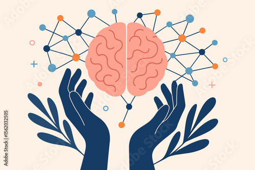 Psychology concept of mental health care and support. Hands protect human brain with connected neurons. Metaphor for therapy, memory, intellect, and neurological wellness.